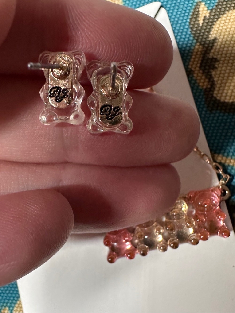Betsey Johnson Pink and Gold Gummy Bear Necklace with Stud Earrings - Picture 4 of 4